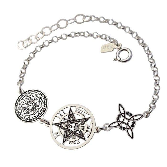 Bracelet de triple protection en argent sterling 925 17 cm. Nœud de sorcière tétragramme 7 archanges