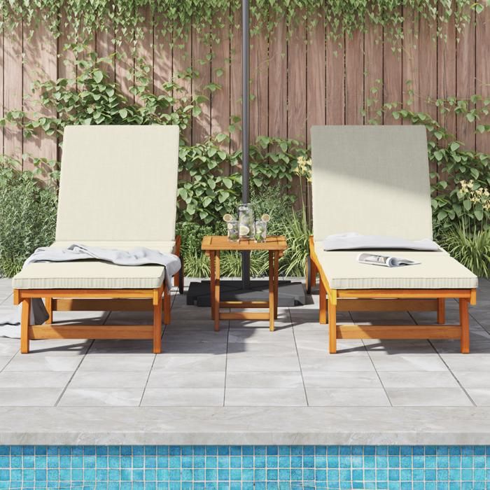 Desginer Transat de jardin/Chaise longue - CLOUD - à roulettes - 2 pièces avec table et coussin - en bois dacacia CC1458