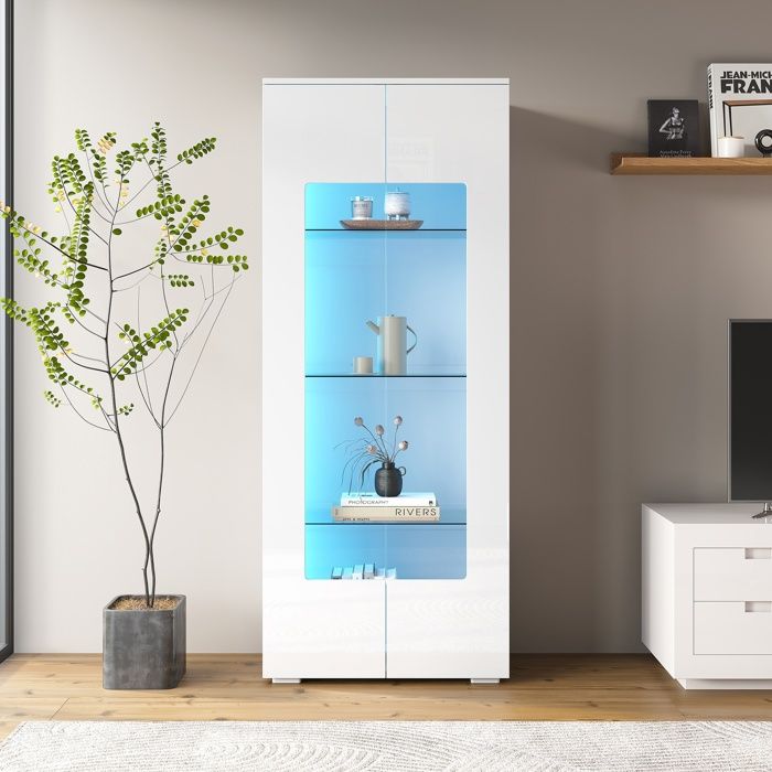 Vitrine de salon 70x40x173 cm vitrine à 2 portes en acrylique vitrine laquée brillante éclairage LED verre trempé armoire haute MDF