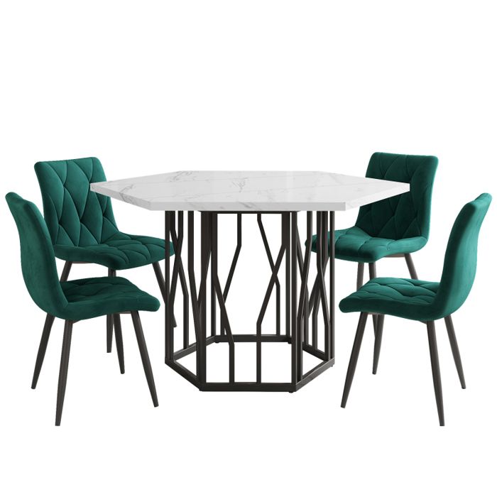 Ensemble table et chaises (5 pièces) Table hexagonale moderne en marbre + 4 chaises en velours vert pour une salle à manger chaleu