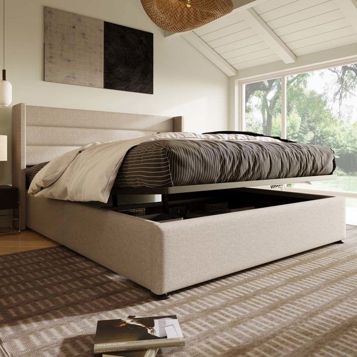 Lit coffre - Lit double 140 x 200 cm - Sommier à lattes relevable - Structure bois et métal - Tête de lit lin beige