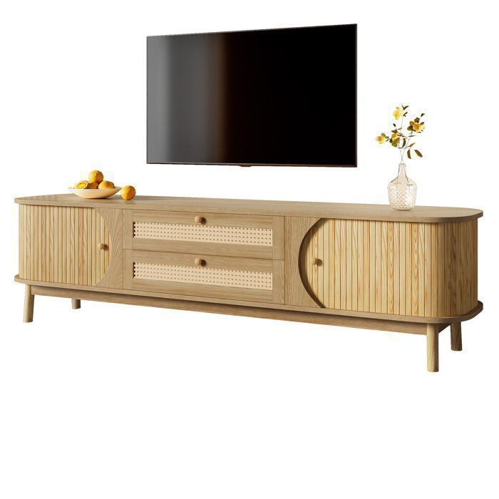 Meuble TV Bas en Bois Naturel avec Cannage et Tiroirs Meuble TV Design Style Campagne Chic pour Salon
