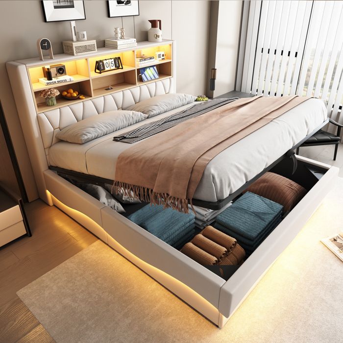 Lit Coffre 180x200cm avec Rangement LED Contrôlée App et USB Lit Rembourré avec Rangement Tête de Lit et Cadre Métal Lin Beige