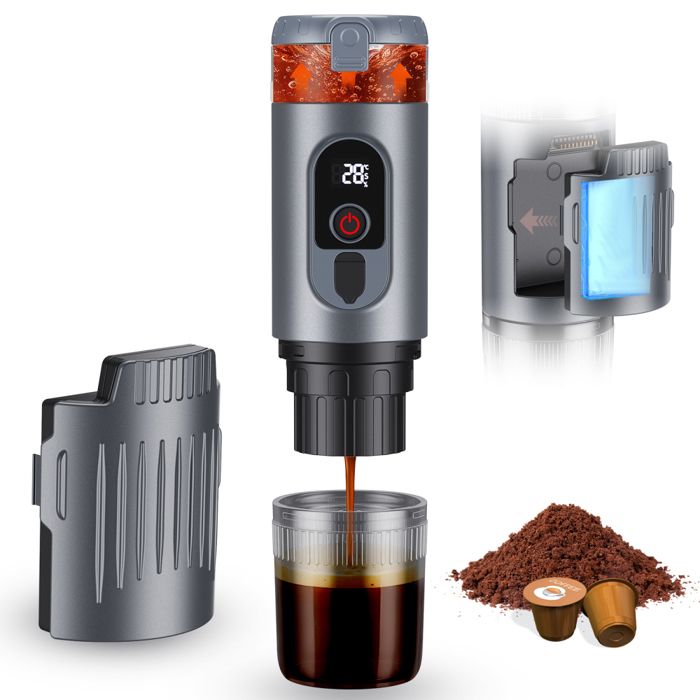 Cafetière portable 2 en 1 avec batterie de 7650 mAh extraction à chaud/froid pour capsules Nespresso et café moulu