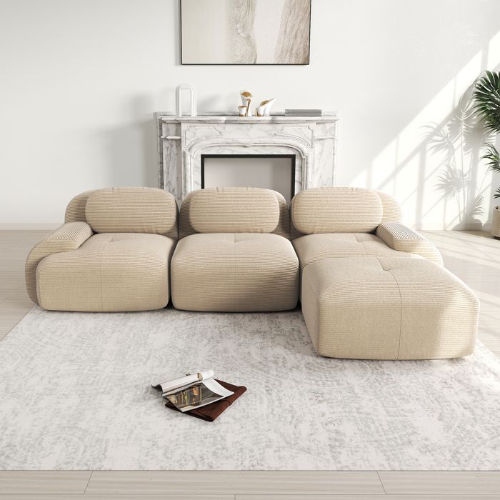 Canapé dangle modulable velours côtelé beige 298x178x75 cm - Mousse HR 32D sans montage