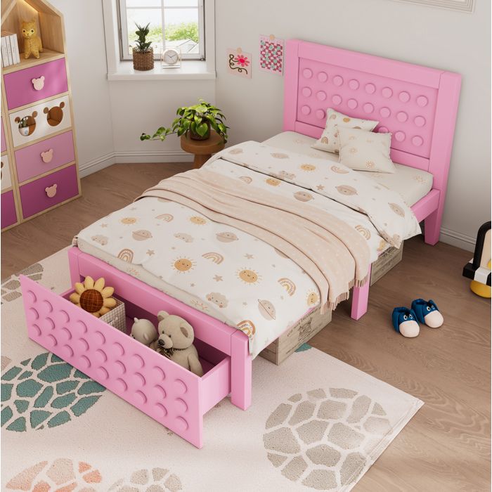 HOMVRA Lit enfant 90x200 cm lit simple avec tiroir design blocs sommier à lattes bois rose sans matelas