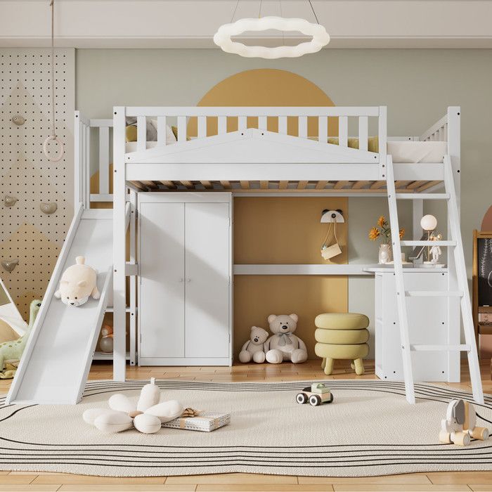 Lit superposé 90 x 200 cm pour enfant avec escalier et Toboggan Lit en Mezzanine avec Bureau et Armoire Sans matelas Blanc Lit superposé 90 x 200 cm pour enfant avec escalier et Toboggan Lit en Mezzanine avec Bureau et Armoire Sans matelas Blanc