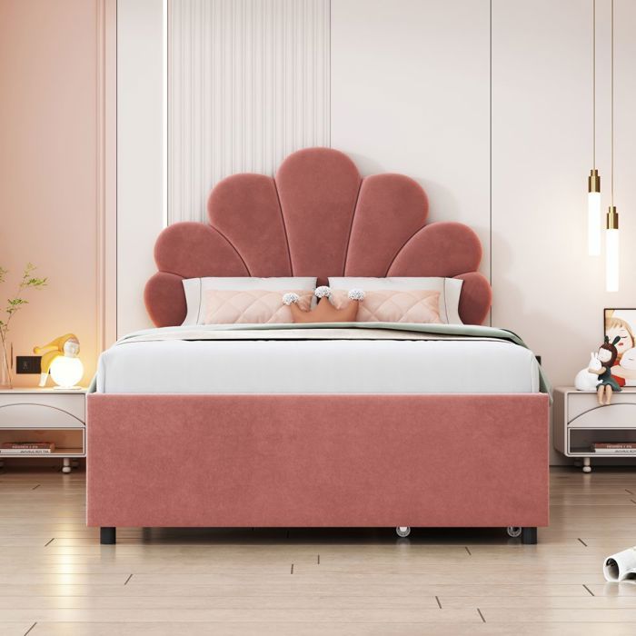 Lit Enfant Fille Tête Florale Rose 90x200cm-Velours Doux 2 Rangements-Sommier Lattes sans Matelas Lit Enfant Fille Tête Florale Rose 90x200cm-Velours Doux 2 Rangements-Sommier Lattes sans Matelas