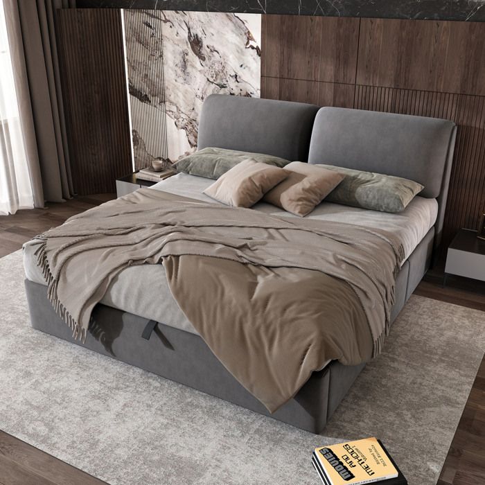 Lit rembourré en velours gris avec tête de lit réglable tiroirs et coffre de rangement