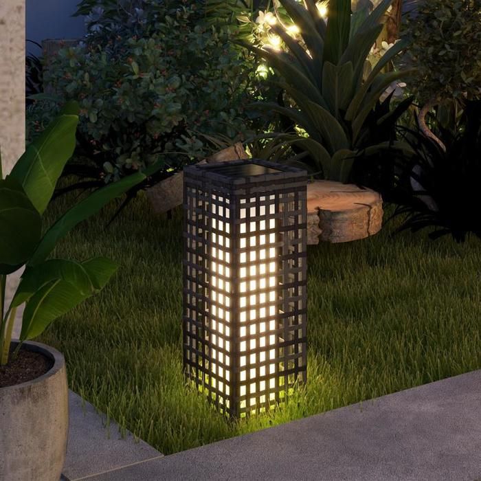 Lampe solaire en rotin balise étanche avec capteur de luminosité éclairage LED automatique pour jardin ou balcon gris acier
