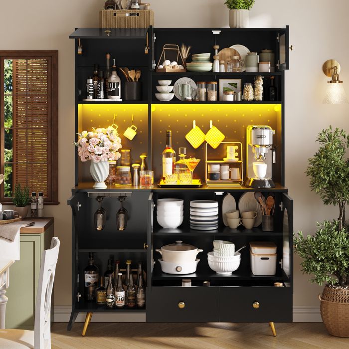Buffet de cuisine - LED APP - 2 prises + 2 USB - Panneau perforé - 120x40x176 cm
