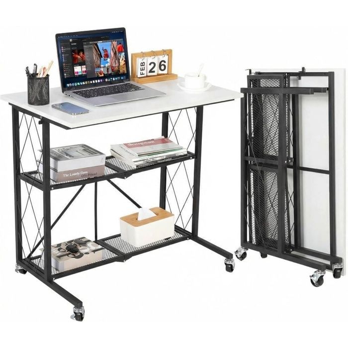 Bureau dordinateur Pliant 80cm avec Roulettes Table Gain de Place Chambre 2 Étagères Rangement 3 Niveaux Structure Métal blanc
