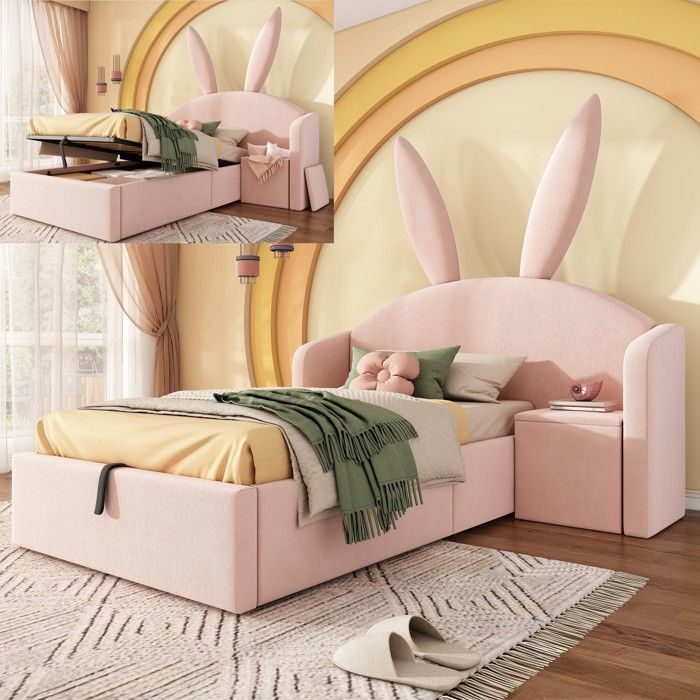 Lit enfant 90×190cm Lit fille Lit coffre Lit capitonné en velours avec tête de lit oreilles de lapin table de chevet - rose