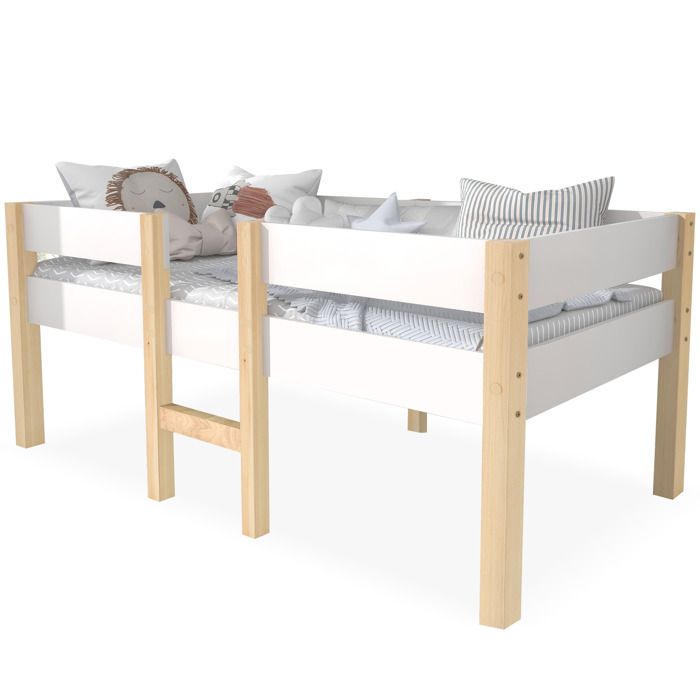 Lit enfant 90x190 cm en pin massif avec barrière de sécurité blanc et chêne