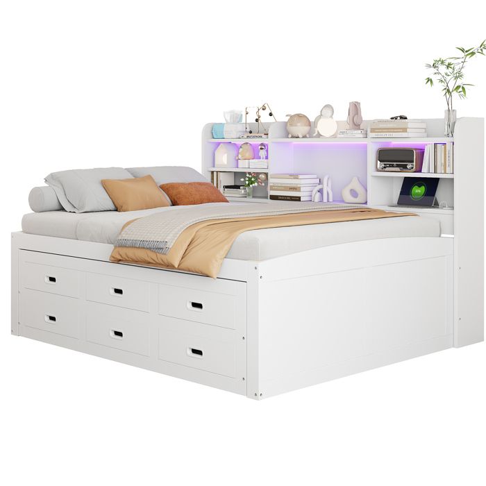 Canapé-lit blanc 140x200cm multifonction lumière LED rangements table chevet connecteurs USB + Type-C