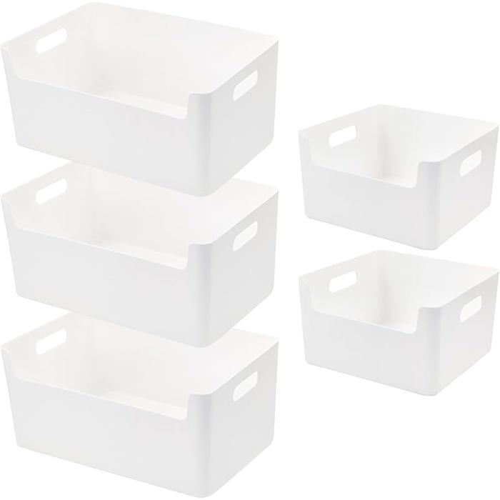 Boite de Rangement Plastique Empilables 5pcs Panier de Rangement avec Poignées Blanc 30 Cm - Avant Inférieur - Lot MEUBLE A EPICES