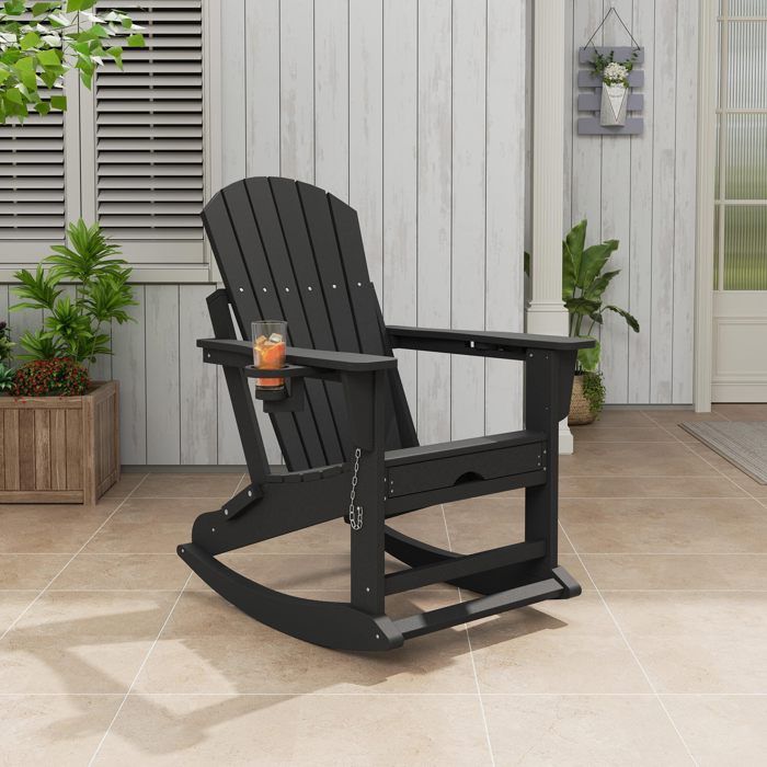 Fauteuil à bascule pliant 2-en-1 HDPE chaise Adirondack avec porte-gobelet larges accoudoirs repose-pieds extérieur terrasse noir
