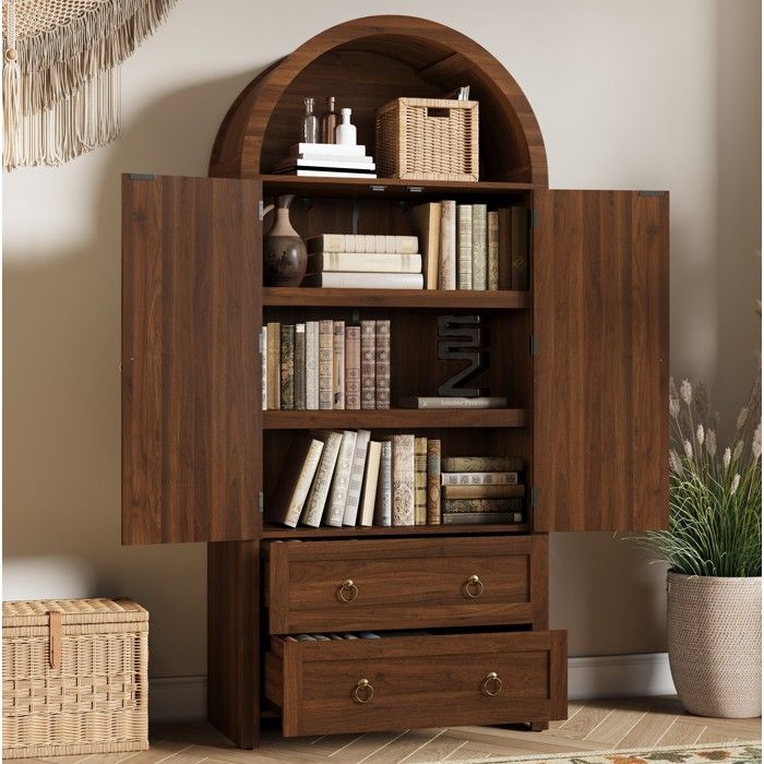 WUVRIE Buffet haut 80 x 40 x 180 cm en MDF noyer avec cannage 2 portes 2 tiroirs et étagère ouverte