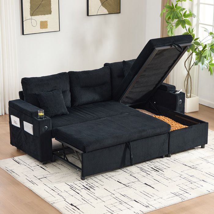 Canapé d’angle convertible 3 places en velours côtelé noir avec méridienne coffre lit gigogne et USB-C