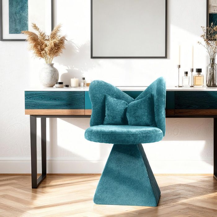COVREO Chaise coiffeuse pivotante 360° dossier papillon en chenille velours bleu