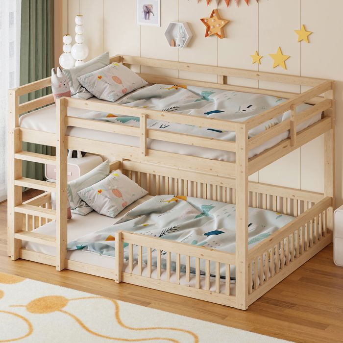 Lit superposé 160×200 cm lit quatre places lit enfant avec sommier à lattes lit ado avec garde-corps de sécurité couleur bois