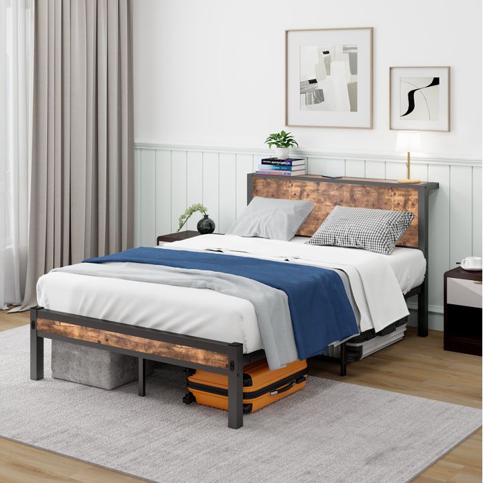 Lit Simple 120×200 cm avec Tête de Lit Rangement 27 cm - ELVMI - sans matelas MDF et métal marron antique