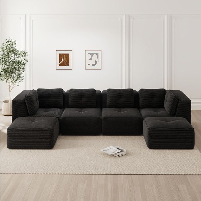 Canapé panoramique en U 4 places modulable sans montage - ELVMI - assise profonde 74 cm velours côtelé noir