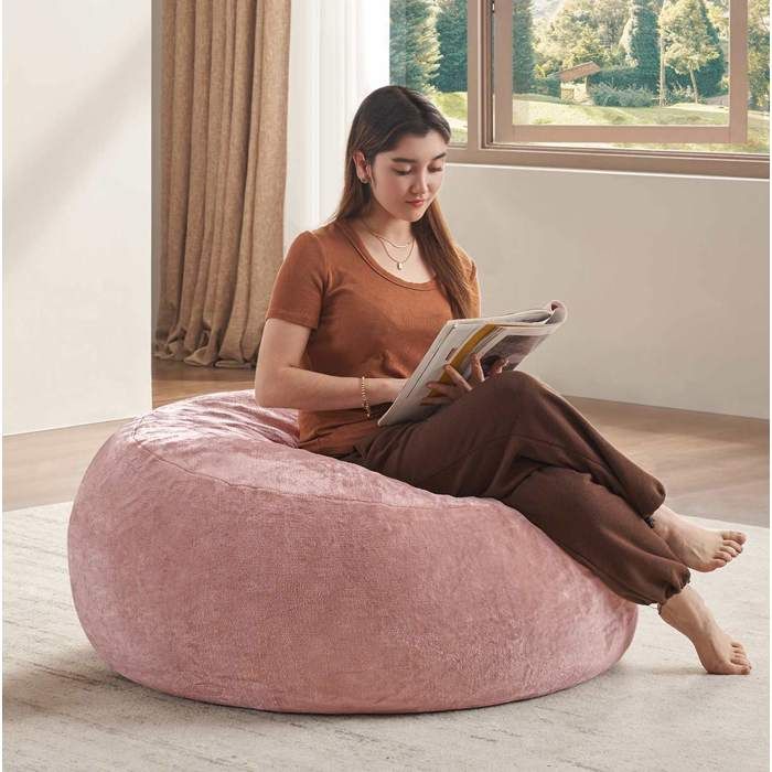 WOVREO Pouf poire 3FT adulte rose 90 x 90 x 50 cm fauteuil de lecture moelleux housse lavable pliable