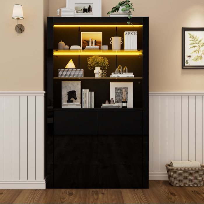 Vitrine Noire Brillante 2 Portes Buffet Haut LED FloraGrace Pour Salon Rangement Et Eclairage App 100x35x170cm