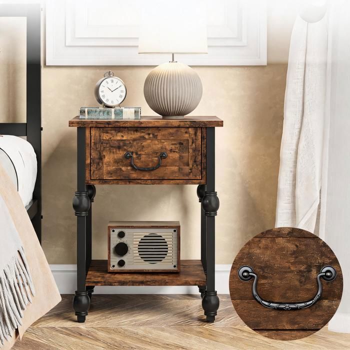 Table dappoint industrielle –1 tiroir et 2 étagères – Gain de place – Salon/chambre – Marron rétro - 40×40× 60 cm