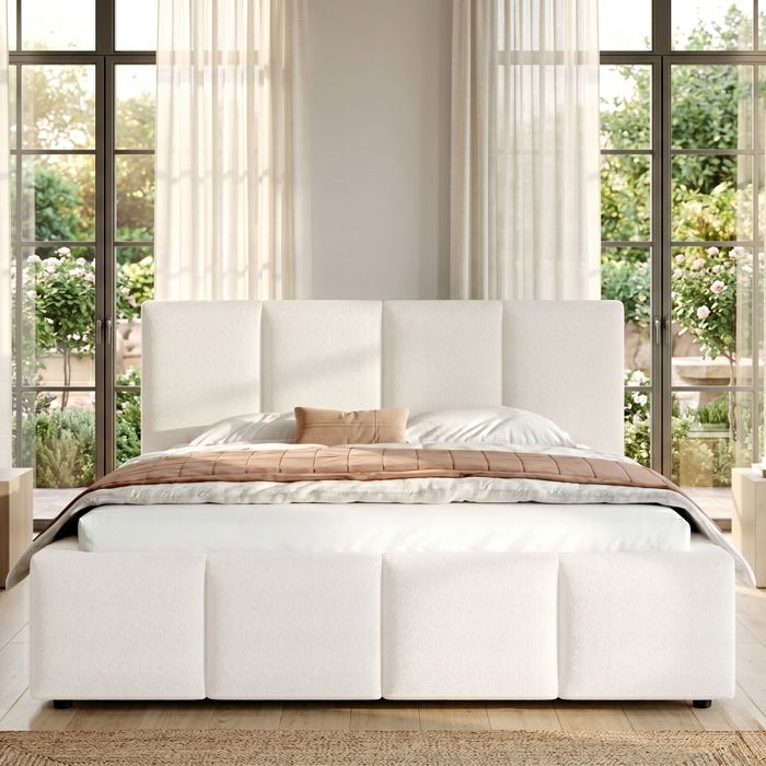 Lit Double 180 x 200 cm King Size en Bouclé Beige avec Tête de Lit Rembourrée et Cadre Encastré Lit Double 180 x 200 cm King Size en Bouclé Beige avec Tête de Lit Rembourrée et Cadre Encastré