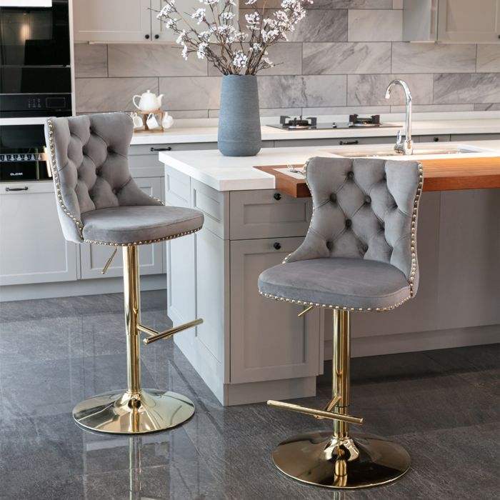 Lot de 2 tabourets de bar pivotants en velours réglables dossier capitonné base dorée chaises hautes cuisine gris
