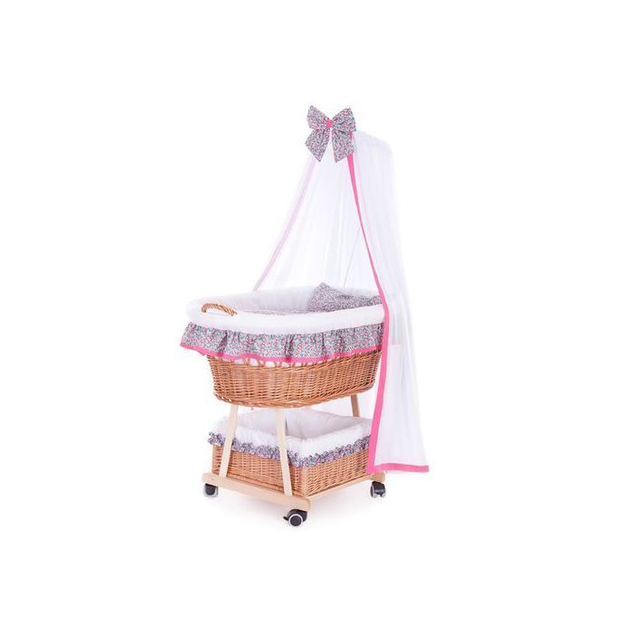 Papilio berceau en osier pour bébé avec bordure rose baldaquin coussin et couette TheWickerStories