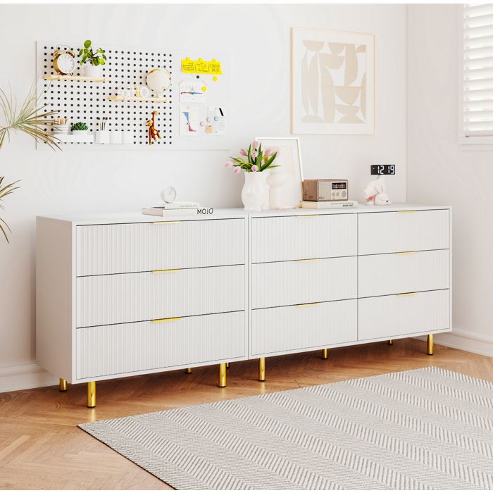 Buffet bas modulable 9 tiroirs 200x40x72 cm blanc et doré meuble de rangement MDF style contemporain VEVXYN