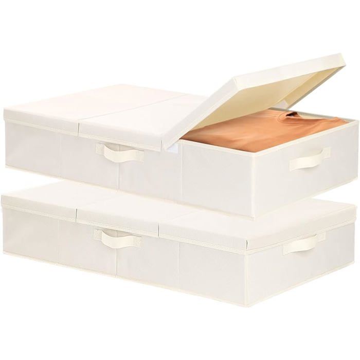 Lot de 2 Sac de Rangement sous Lit en Tissu 60x30x15cm Beige Boite Pliables avec Poignée Capacité Closet Organizer
