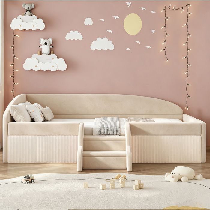 Lit enfant rembourré 90x190 cm avec marches et barrières de sécurité sommier à lattes velours beige sans matelas ORVRYN