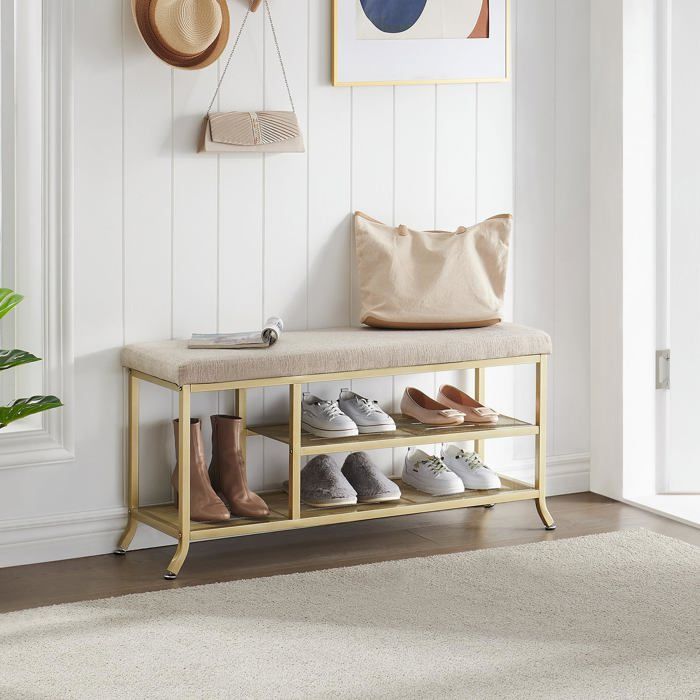 Banc à chaussures avec siège et coussin 2 niveaux espace de rangement 32x100x48 cm or et blanc beige