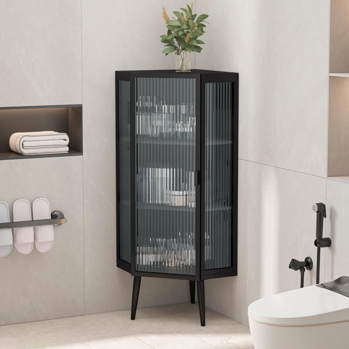 Armoire dangle pour Salle de Bain Portes en Verre Trempé et étagères de Rangement Meuble Salle de Bain 56 x 42.5 x 110cm Noir