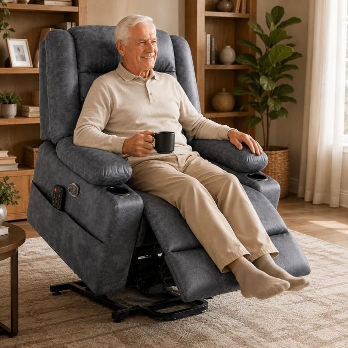 Fauteuil releveur électrique inclinable-Avec Chauffage Ajustable repose Pied et télécommande Cuir artificiel 105x82x90cm Gris