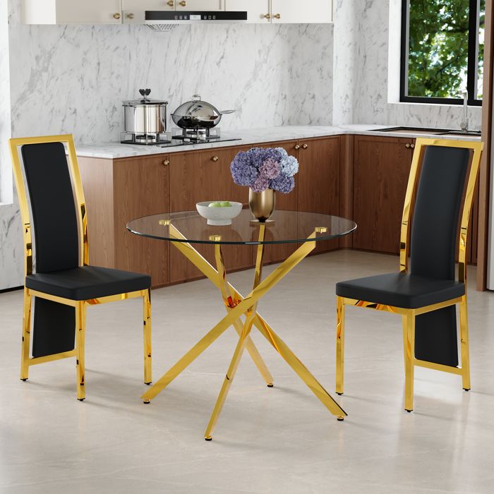 Table à manger ronde 88 cm avec 2 chaises plateau en verre trempé chaises en similicuir PU pieds en métal piètement doré