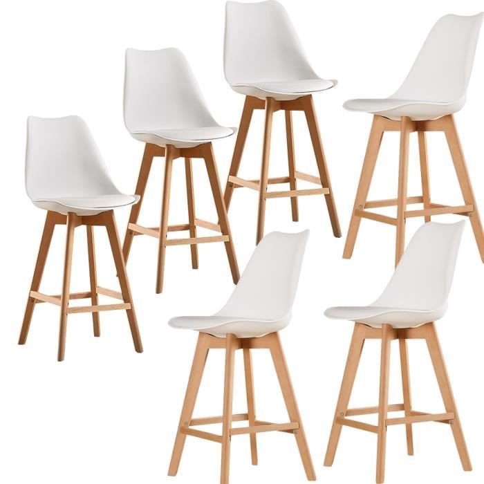 lot de 6 chaise de bar scandinave blanc en bois massif et assis en similicuir pu