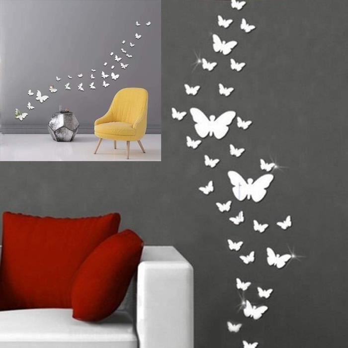 30 Pièces Stickers Muraux Effet Miroir Papillon Argent Decoration