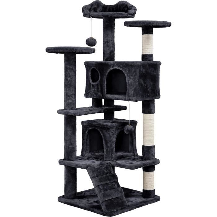 Arbre à Chat PawHut 165 Cm - 2 Niches, Griffoirs Sisal, Hamac, Plateformes, Pompons, Couleur Grise - 8