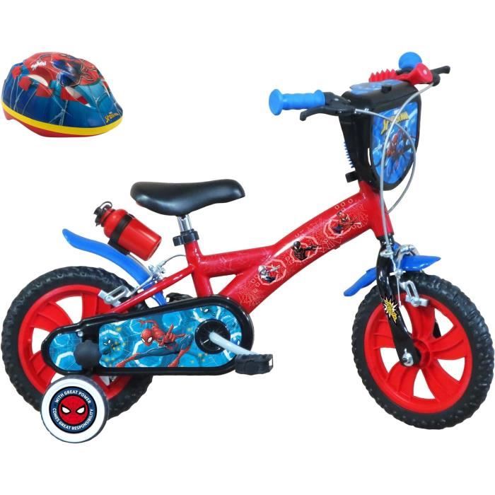 Vélo enfant 12'' garçon Spiderman Pour enfant < 90 cm - équipé de 2 freins, 2 stabilisateurs et plaque avant décorative + Casque !