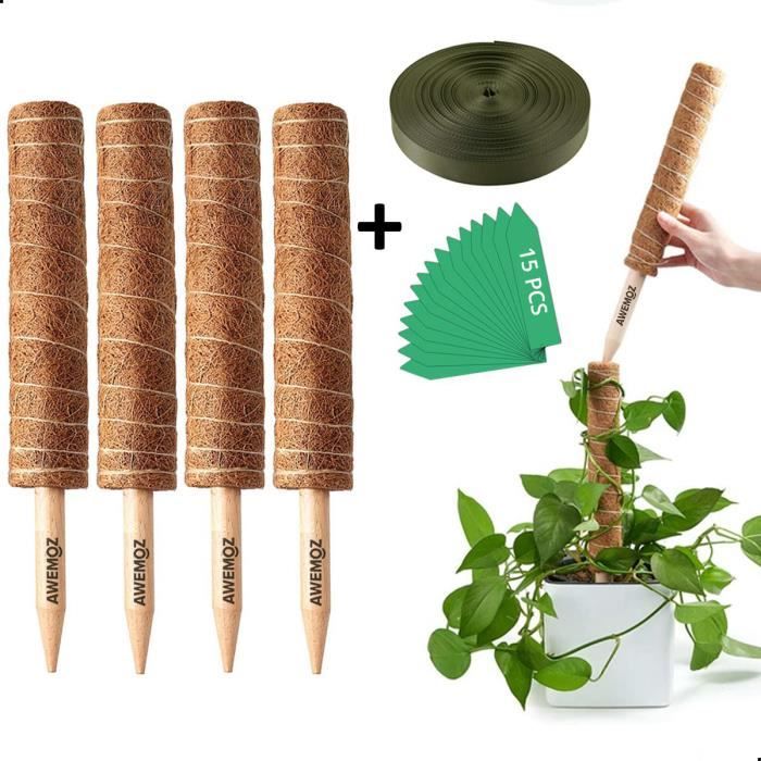Tuteur de Coco pour Plante Awemoz Bâton De Coco Extensible jusqu'à 105cm Bande de Jardin 2M 15 Étiquettes de plantes