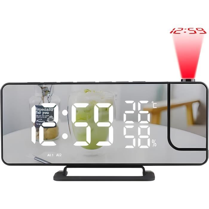 Réveil à Projection LED - Miroir, Radio FM, Thermomètre, USB - YUNYODA
