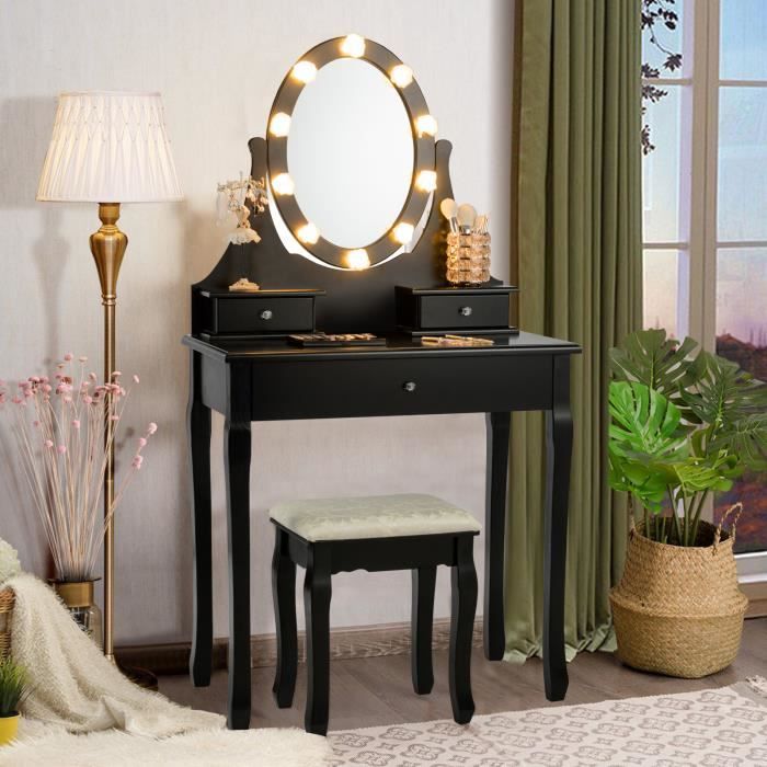 costway coiffeuse avec miroir, tabouret et 10 led lampe rose romantique - 3 tiroirs, miroir rotable à 360o l75 x p40 x h193 cm noir