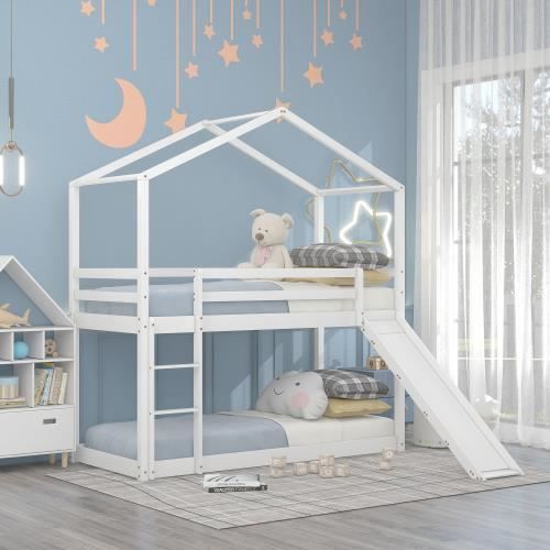 Lit cabane avec toboggan superposé en bois massif avec sommier à lattes 90 x 200 cm blanc