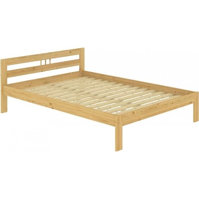 Lit adulte en pin massif naturel 140x200 joli tête de lit avec sommier à lattes en bois 60.64-14 Lit adulte en pin massif naturel 140x200 joli tête de lit avec sommier à lattes en bois 60.64-14