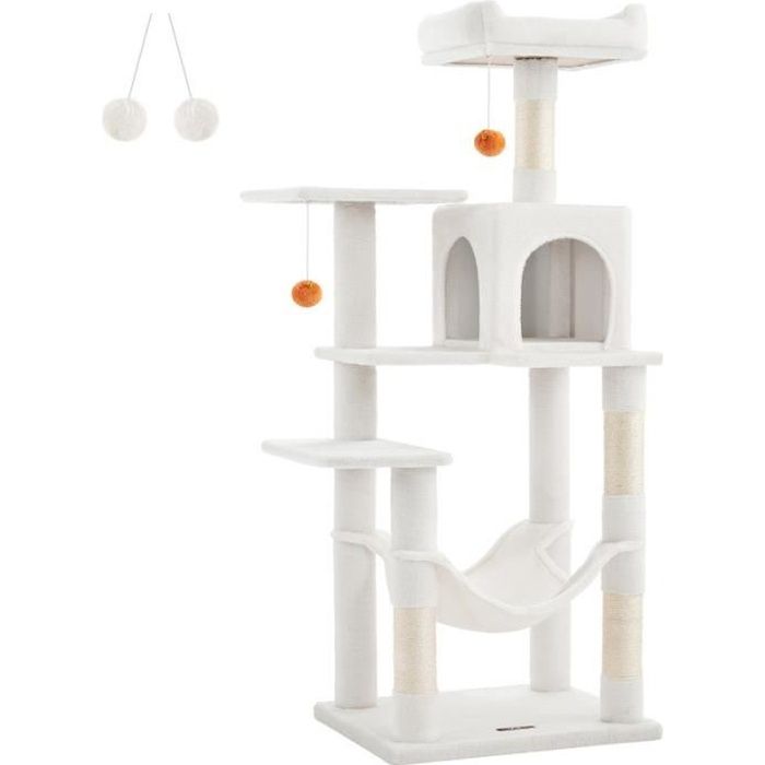 Meilleurs prix pour Arbre à Chat - FEANDREA - Hauteur 143 cm - 4 Poteaux à Griffer - 2 Plateformes - 1 Niche - 1 Hamac - Blanc Crème